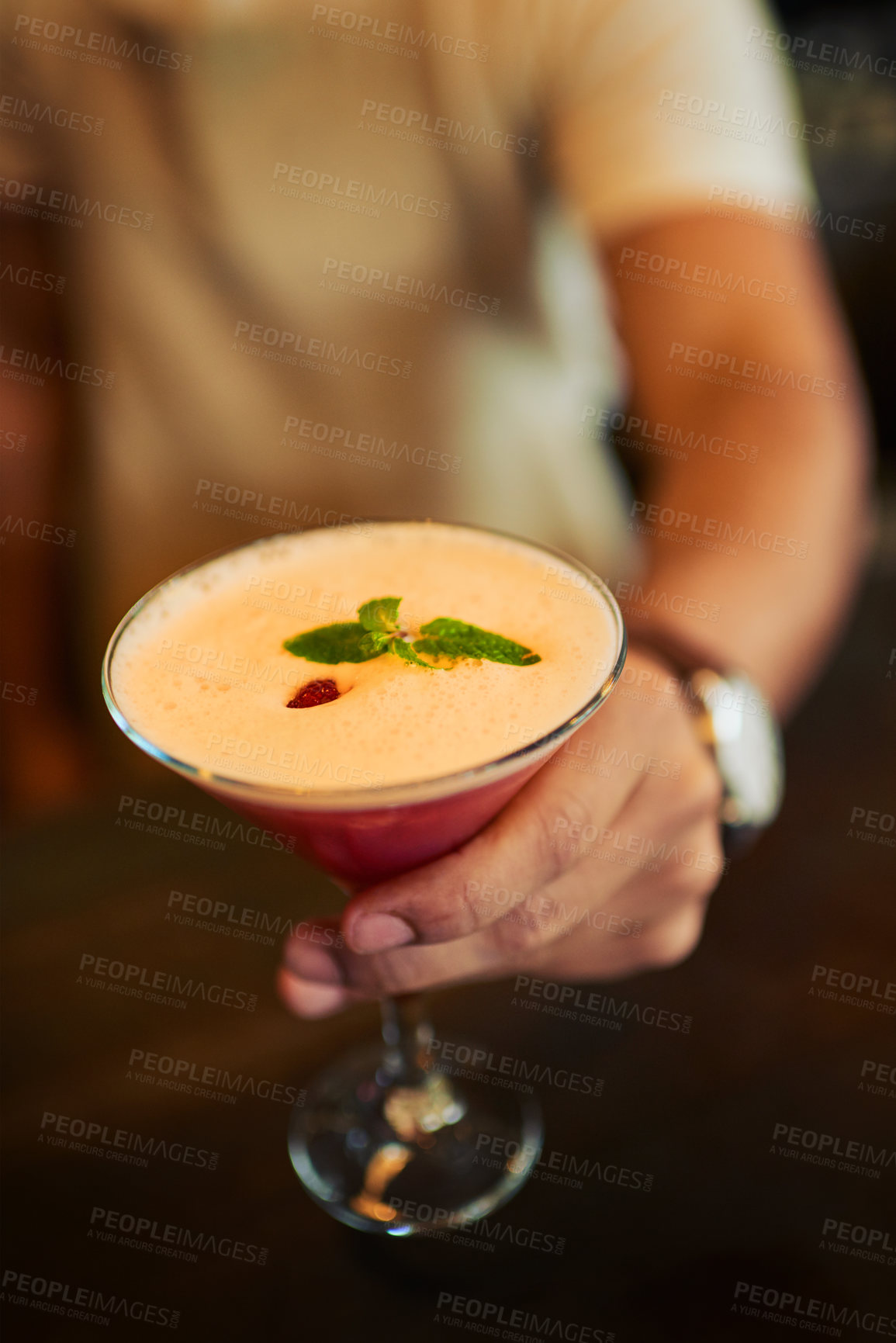 Buy stock photo Cocktail drink, hands and man with alcohol at pub, night club or drinks bar for restaurant store service from barman. Retail diner, bartender and nightclub customer, client or person drinking liquor 