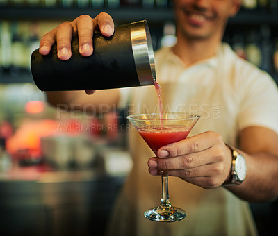 Buy stock photo Barman hands, cocktail drink and happy man make alcohol beverage at pub, night club or drinks bar. Bartender service, restaurant shop and nightclub worker, employee or person prepare liquor liquid