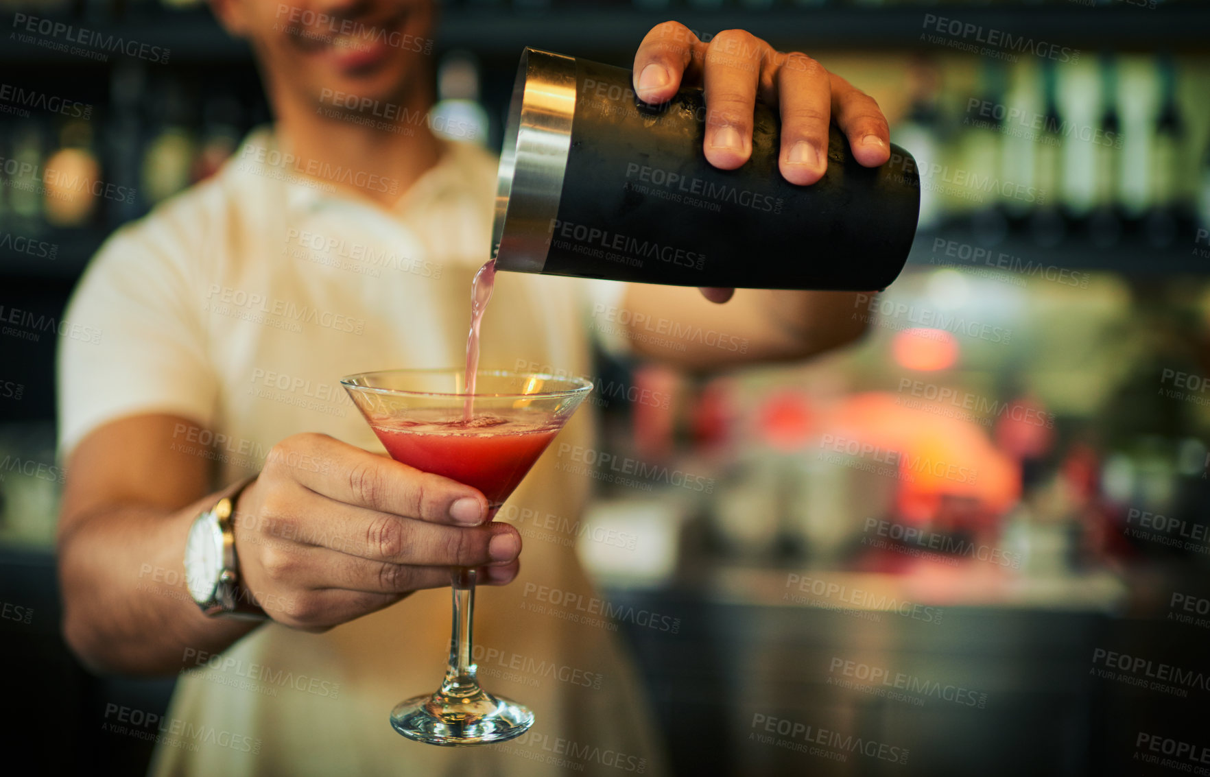 Buy stock photo Barman hands, cocktail glass and man make alcohol beverage at pub, night club or drinks bar. Hospitality service, restaurant barmen and male nightclub person prepare fruit drink, liquid or liquor
