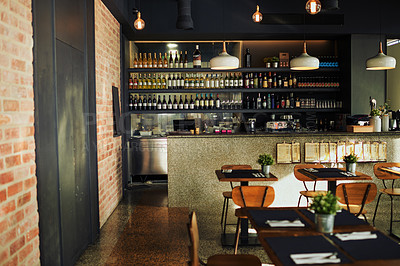 Buy stock photo Empty restaurant store, pub or shop for retail services, hospitality industry or alcohol sales service. Room interior design, bar and small business with furniture chair, table desk and wine drinks