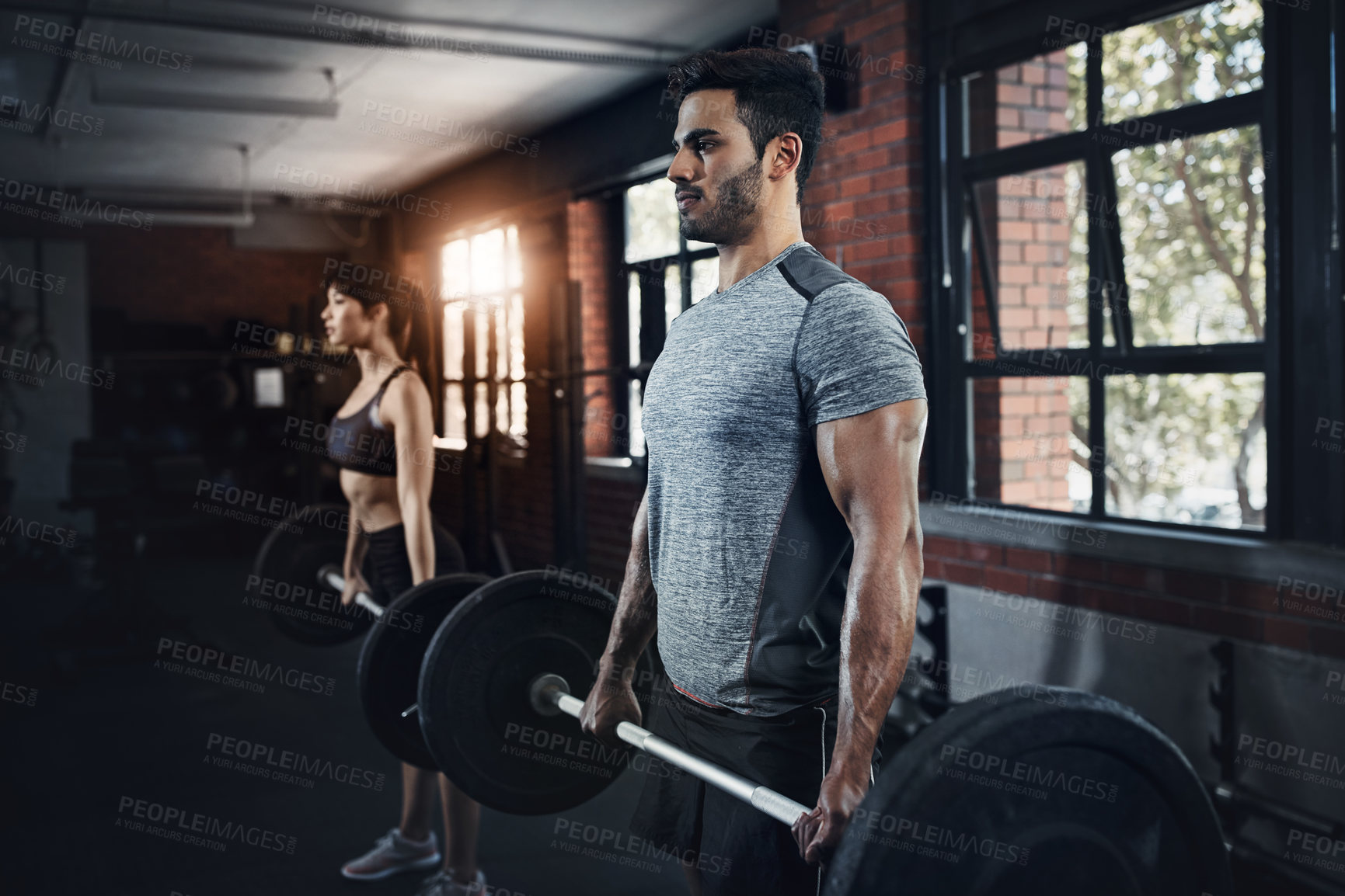 Buy stock photo Man, team and workout with barbell in gym for deadlift, muscle and wellness of healthy body. Fitness, exercise and strong woman weightlifting for power, bodybuilding and training together at club