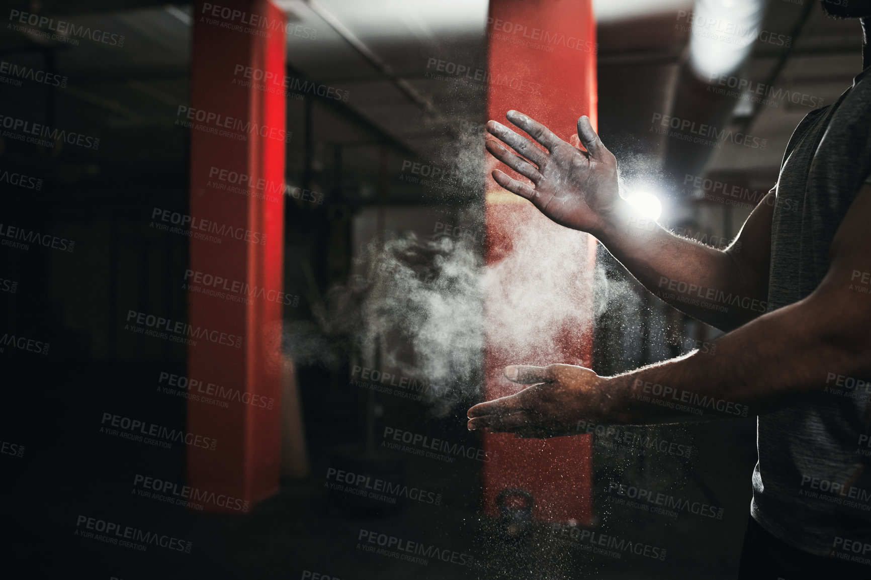 Buy stock photo Cropped shot of an unrecognizable man dusting his hands with talcum powder