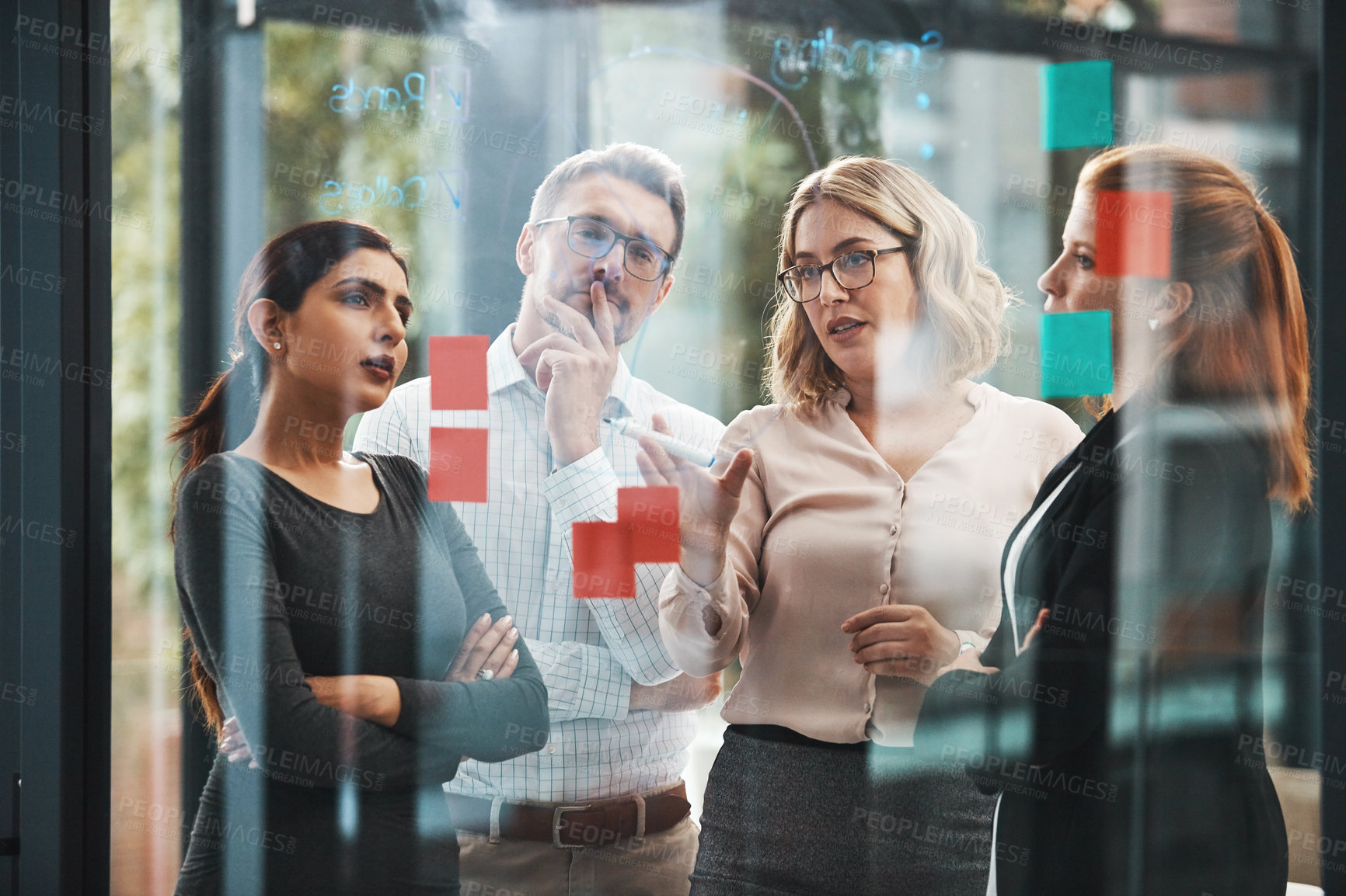 Buy stock photo Woman, team and discussion with notes on board with review, listening and planning with brainstorming. Coach, training and group by glass wall, questions and collaboration with strategy in office