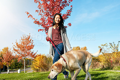 Buy stock photo Shot of a young woman taking her dog for a walk through the park