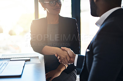 Buy stock photo Hand shake, man and woman in office for agreement, welcome, b2b collaboration or onboarding with respect. Businessman, partnership and shaking hands for human resources, hiring or negotiation meeting