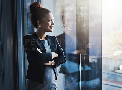 Buy stock photo Business woman, window and smile for vision, goals and future of career with ideas, mission or mindset. Young businesswoman, focus and thinking in workplace with memory, reflection or corporate dream