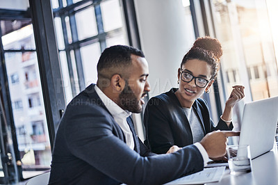 Buy stock photo Lawyer, office and business people in discussion on laptop to review contract, case report and legal advice. Law firm, attorney and woman with man on computer for consulting, meeting and proposal