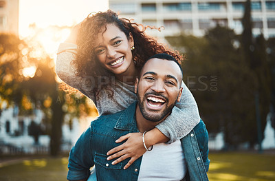 Buy stock photo Portrait of a young couple having fun together outdoors