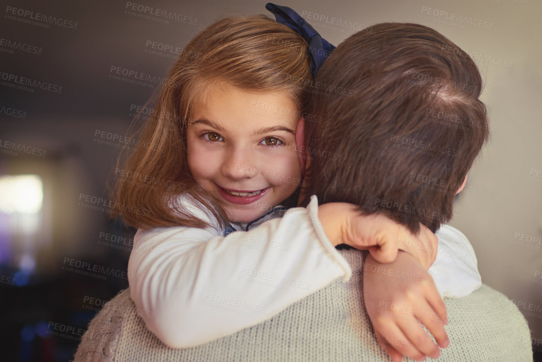 Buy stock photo Hug, love or smile with father and daughter in home together for child development, growth or support. Safety, security and trust with happy girl kid embracing single parent man in apartment