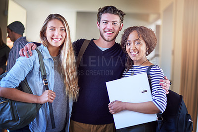 Buy stock photo People, university students and hug on campus for education, higher learning and studies. Portrait, classmates and friends with smile as college learner at corridor with group work and support