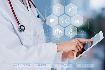 Buy stock photo Doctor, hands and tablet with icons hologram, technology abstract and overlay with healthcare UI and digital transformation. Tech innovation in medicine, medical professional person and digital app