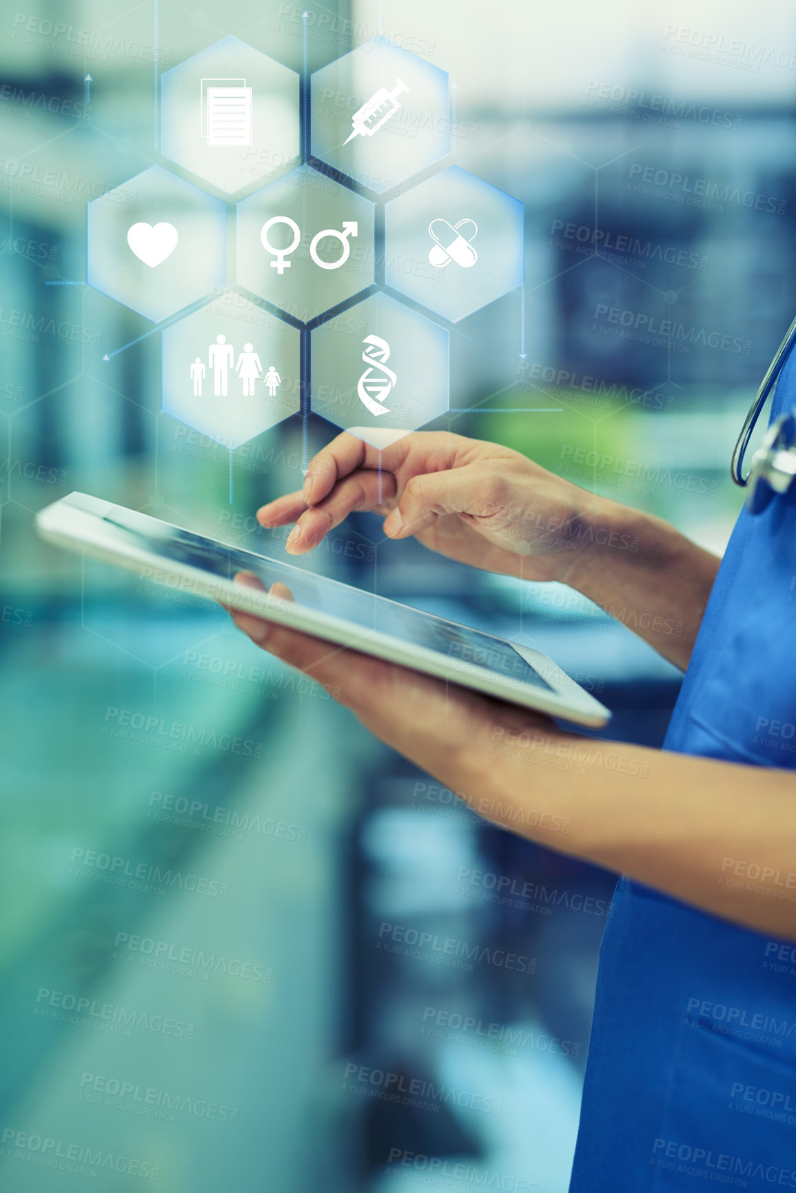 Buy stock photo Nurse, hands and tablet with icons hologram, technology abstract and overlay with healthcare UI and digital transformation. Tech innovation in medicine, medical professional person and digital app