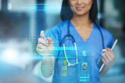 Buy stock photo Cropped shot of an unrecognizable female nurse using a touchscreen interface while standing in the hospital