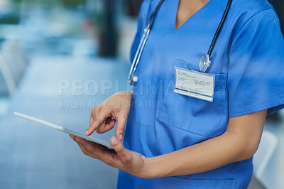 Buy stock photo Nurse, hands and tablet, woman check digital healthcare information and technology. Female person in medicine, scroll and review health chart for diagnosis or schedule with medical staff in hospital