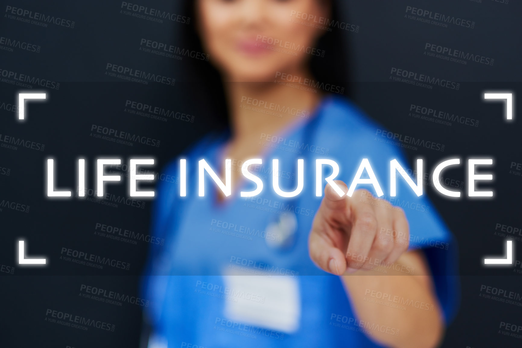 Buy stock photo Cropped shot of an unrecognizable female nurse using a touchscreen interface while standing against a black background