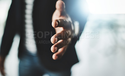 Buy stock photo Handshake, welcome and greeting with a business man reaching out his hand to congratulate, promote or celebrate success. Closeup of teamwork, unity and togetherness with a corporate professional