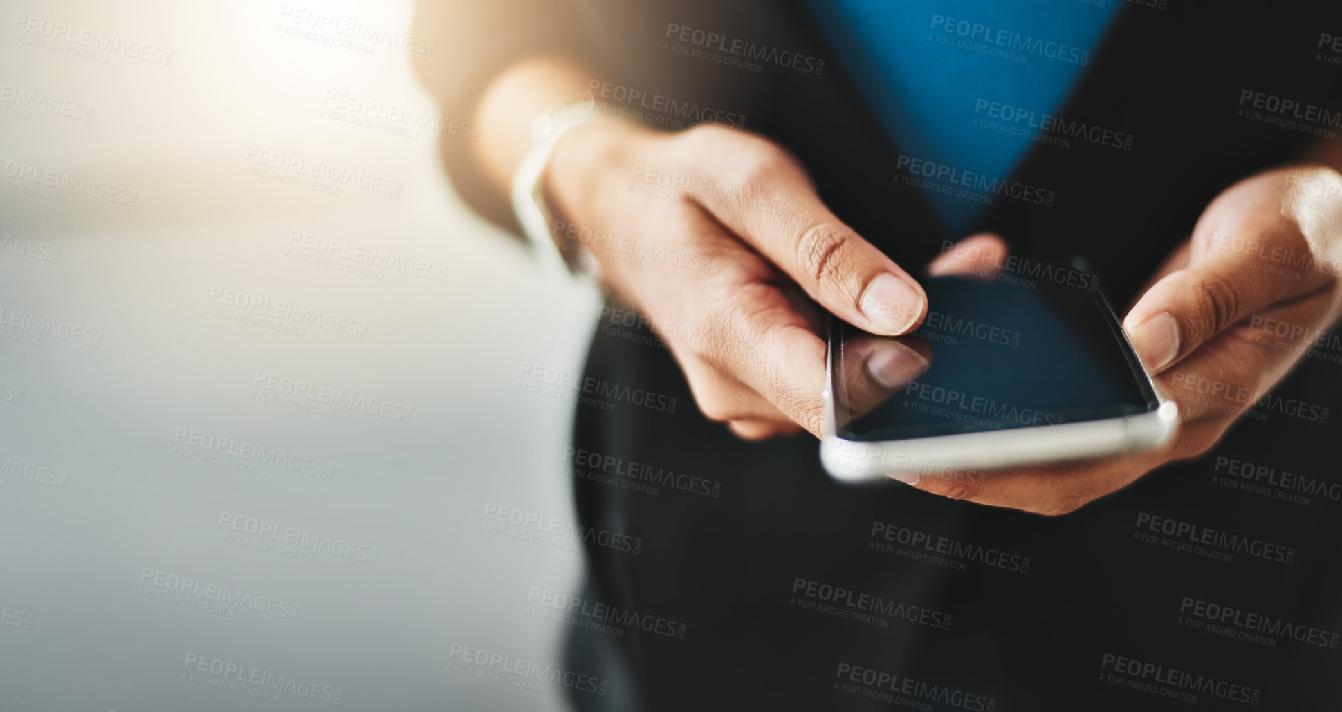 Buy stock photo Trendy business women texting on phone, reading text messages and looking at latest trends on social media. Marketing professional browsing internet on cellphone or online app with copy space closeup
