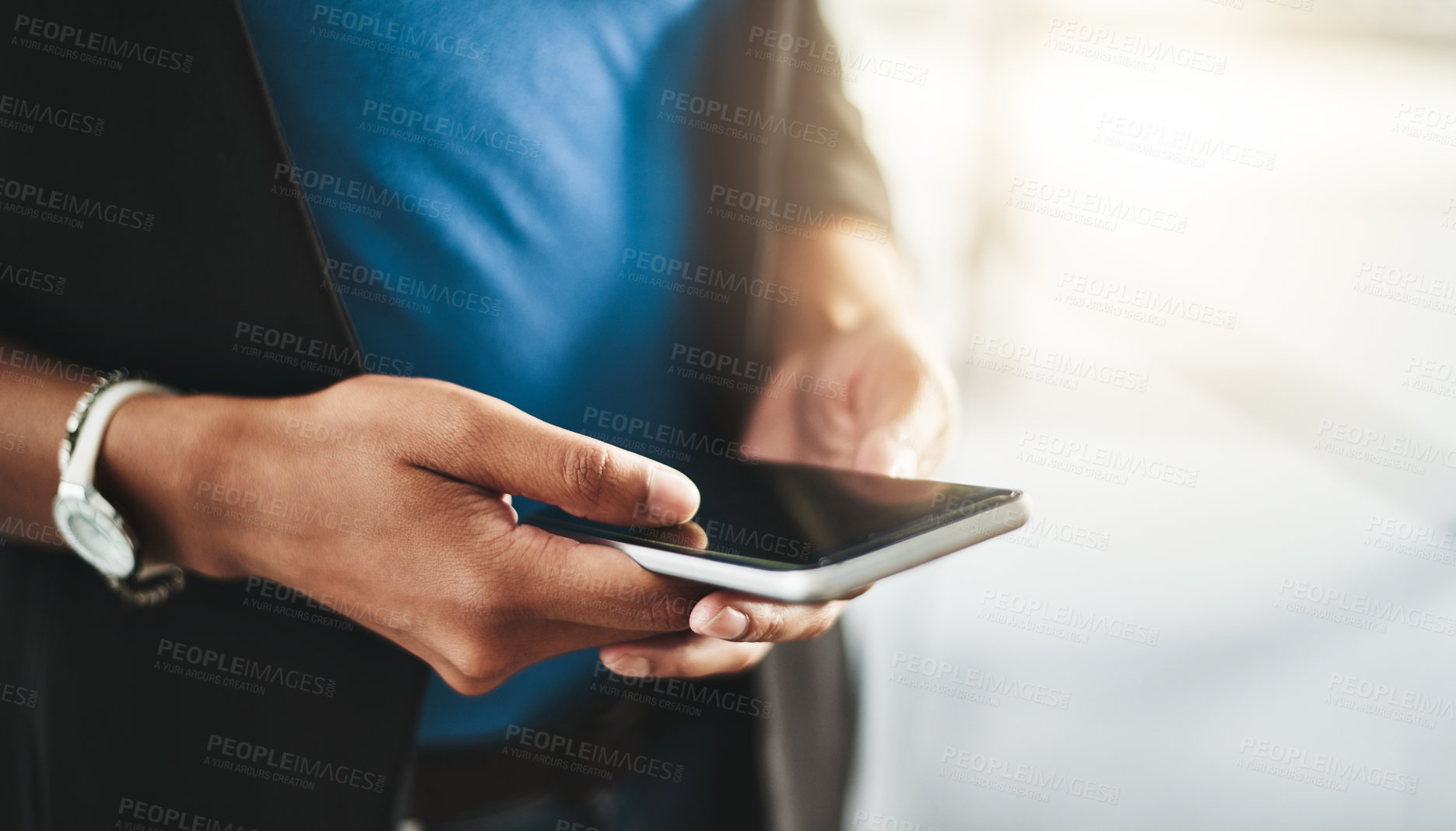 Buy stock photo Businesswoman texting on phone, networking on social media and browsing internet at work. Closeup of the hands of a professional employee checking a text, scrolling an online app and reading messages