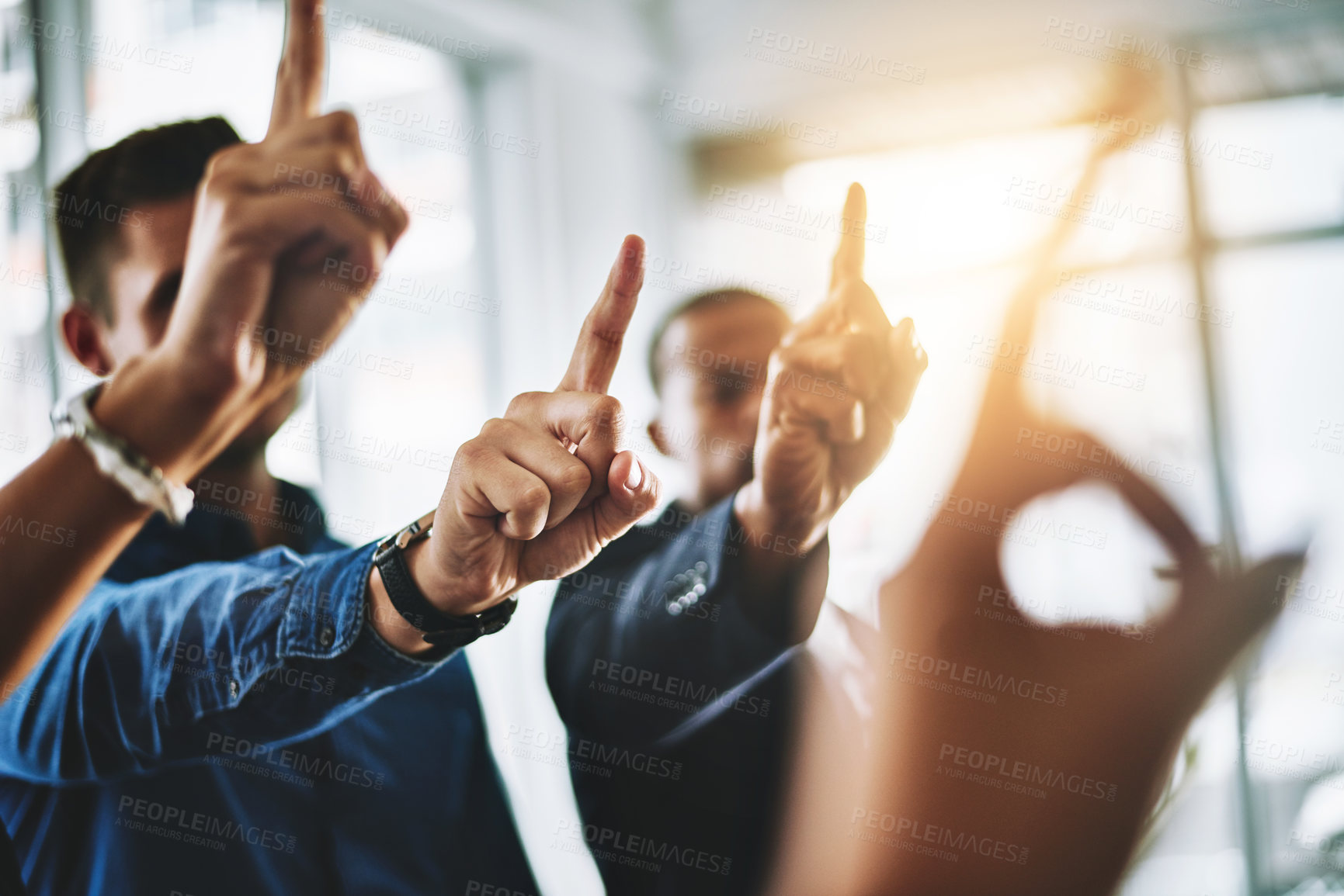 Buy stock photo Business people holding up fingers asking a question in an office teamwork meeting. Marketing team waiting and raising hands for collaboration. Smart workers working together in a office