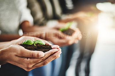 Buy stock photo Closeup shot of an unrecognizable group of businesspeople holding plants growing out of soil