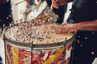 Buy stock photo Music, drums and carnival with a person playing an instrument during a festival in rio de janeiro. Hands, party and brazil with a musician, performer or artist banging on a drum to create a beat
