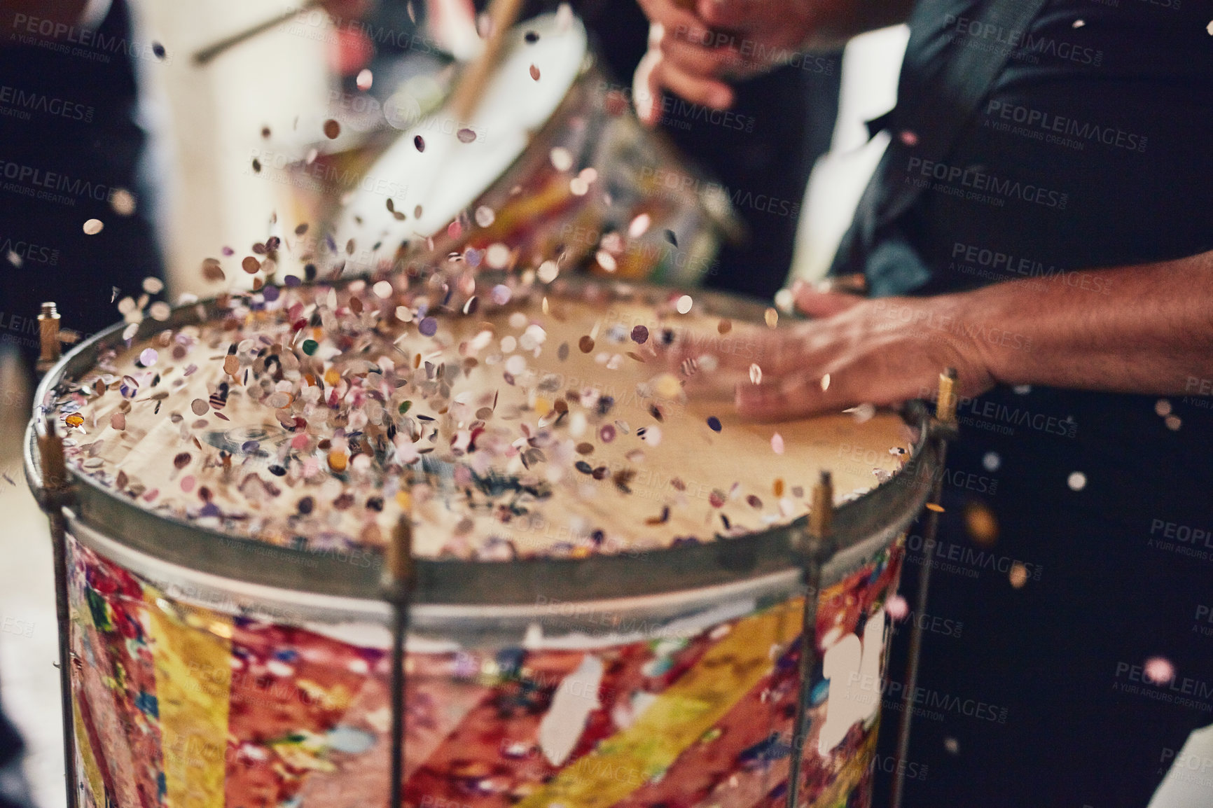 Buy stock photo Music, drums and carnival with a person playing an instrument during a festival in rio de janeiro. Hands, party and brazil with a musician, performer or artist banging on a drum to create a beat