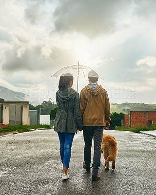 Buy stock photo Rearview shot of a couple walking with their dog