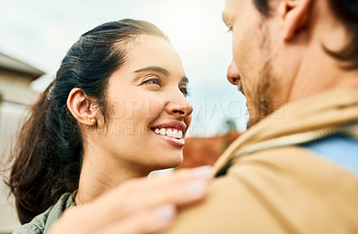 Buy stock photo Happy, love and couple hugging on date with care, bonding and connection together on weekend. Smile, romantic and woman embracing and admiring husband for commitment in marriage on honeymoon holiday.