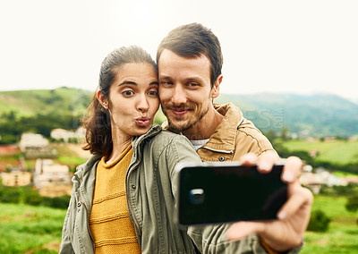 Buy stock photo Selfie, happy couple and care with smile, partner and commitment on countryside as married people. Holiday, vacation and romantic getaway for honeymoon, outdoor or travel for love or union in Greece