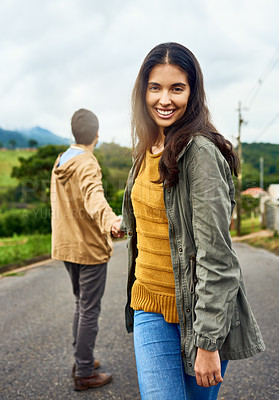 Buy stock photo Portrait, happy woman and man with smile, partner and commitment on countryside or holiday. Married people, vacation and romantic getaway for honeymoon, outdoor or travel for love or union in Greece