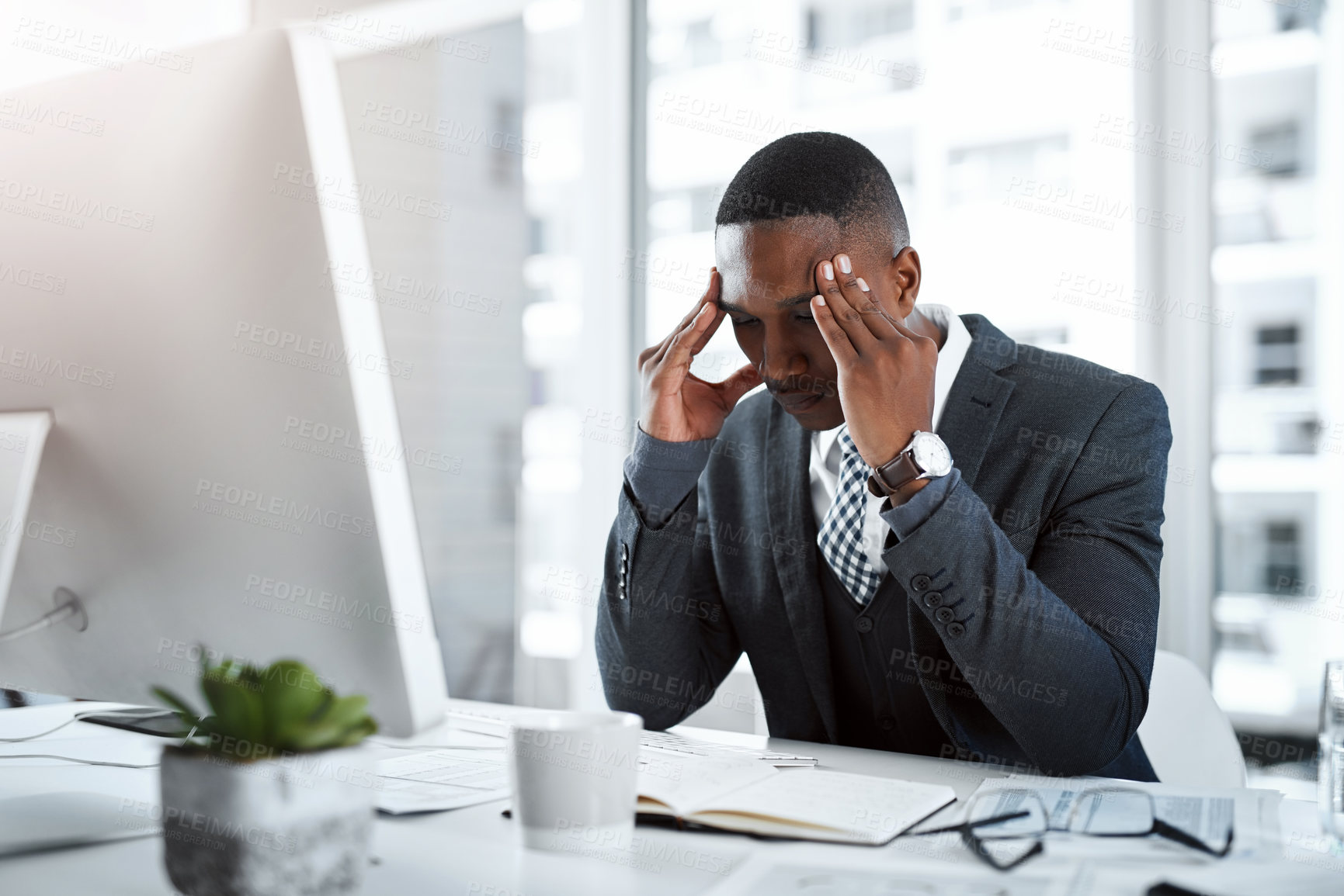 Buy stock photo Professional black man, headache and stress in workplace with burnout, depression and brain fog in office. Male person with pain at desk, migraine and tired, overworked and business crisis anxiety