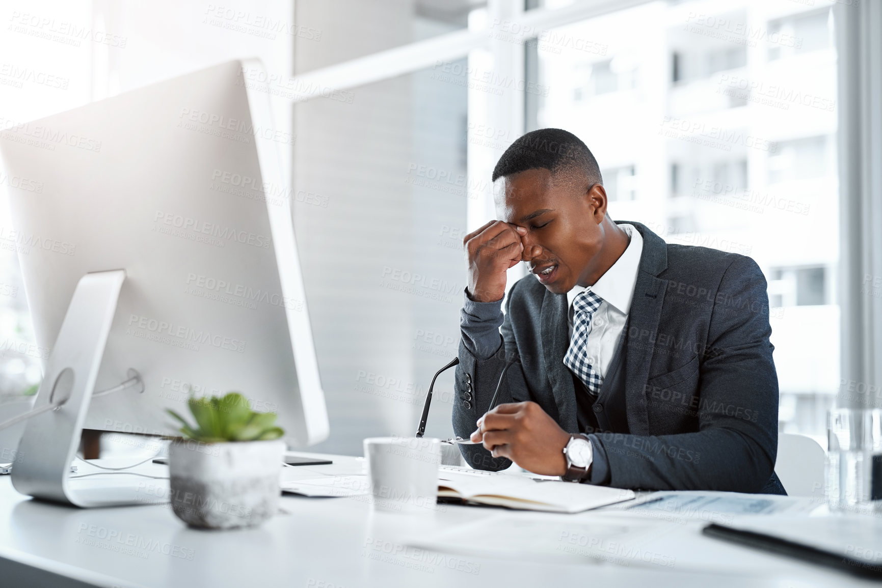 Buy stock photo Black man in business, headache and stress with pain, depression and brain fog in office. Male person at desk, migraine and tired, overworked with work crisis anxiety in the workplace and burnout