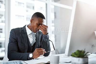 Buy stock photo Black man in business, headache and stress with burnout, depression and brain fog in office. Male person with pain at desk, migraine and tired, overworked with work crisis anxiety in the workplace