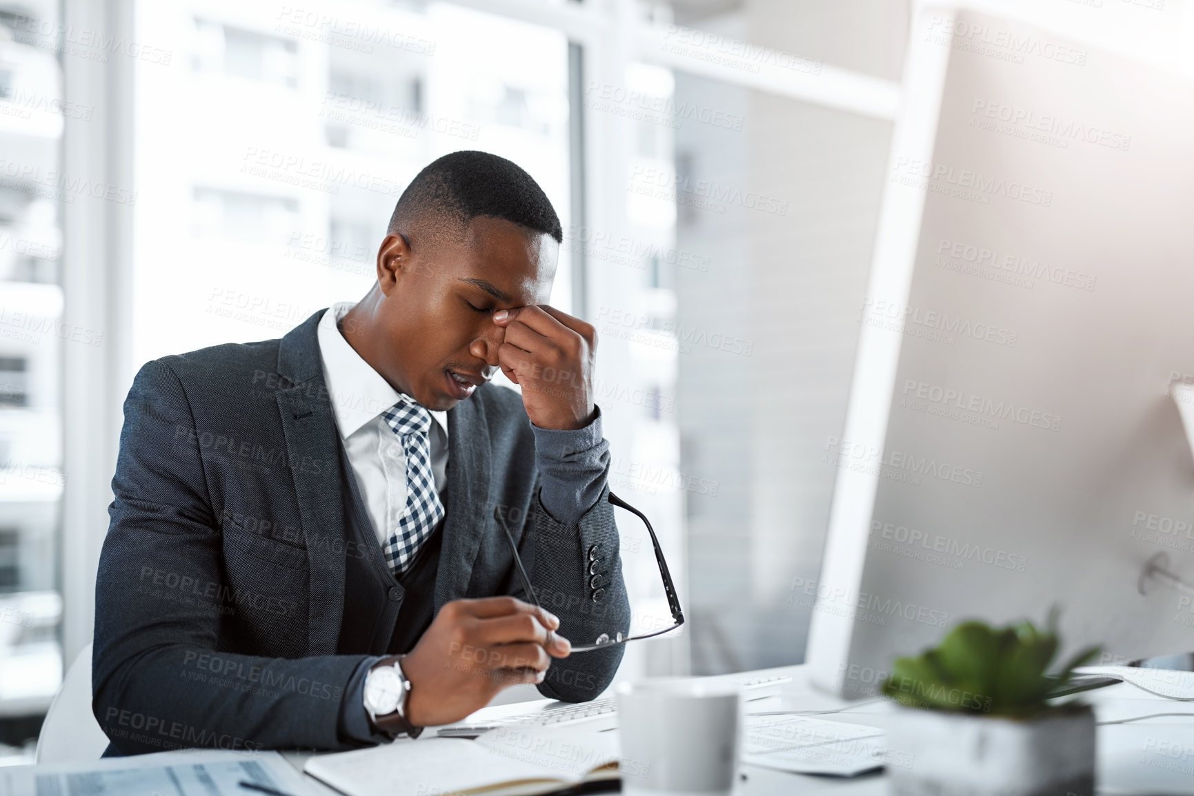 Buy stock photo Black man in business, headache and stress with burnout, depression and brain fog in office. Male person with pain at desk, migraine and tired, overworked with work crisis anxiety in the workplace