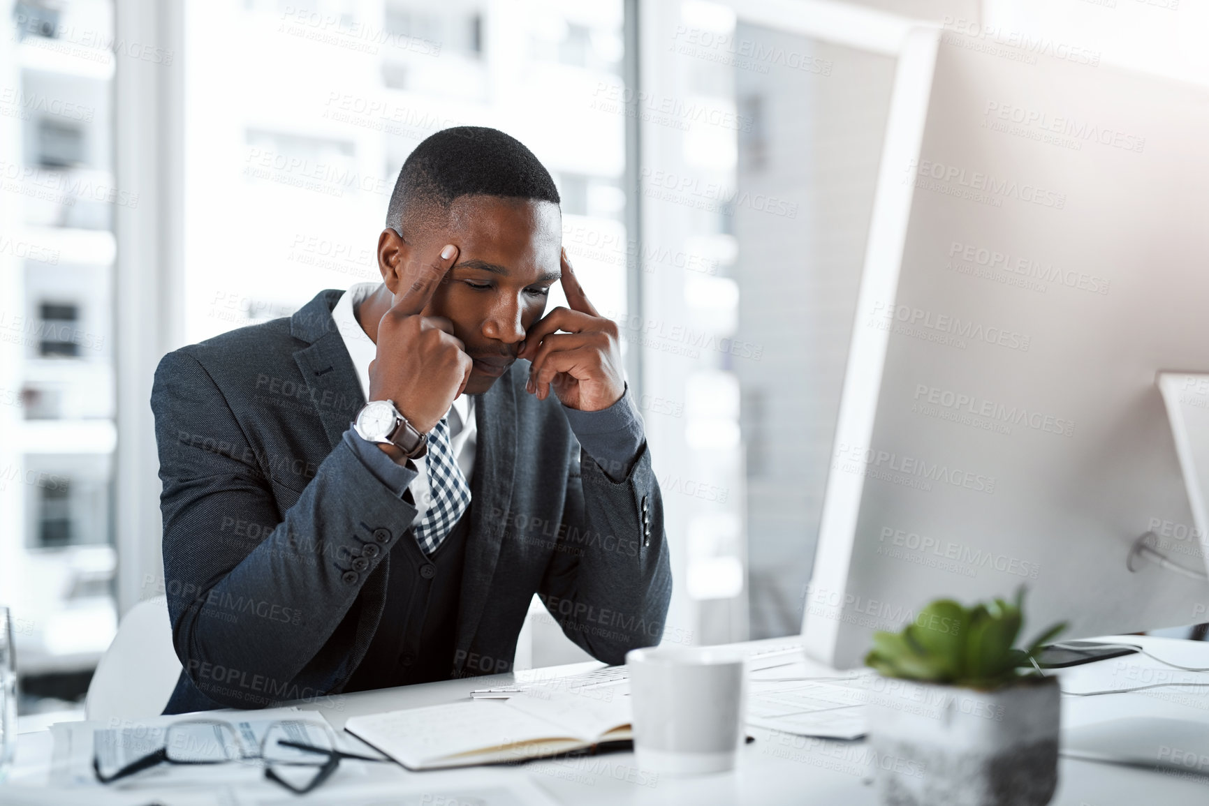 Buy stock photo Corporate black man, headache and stress in workplace with burnout, depression and pain in office. Male professional at desk, migraine and tired person, overworked with anxiety and business crisis