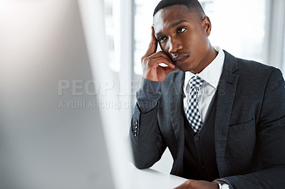 Buy stock photo Business, computer and black man with headache, frustrated and stress with deadline, error 404 or burnout. African person agent or consultant with pc, migraine or workflow crisis with audit or review