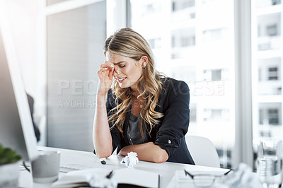 Buy stock photo Business, woman and frustrated with stress in office with headache, overworked and mistake for work deadline. Professional, employee and migraine at desk with fatigue, burnout or anxiety for workload