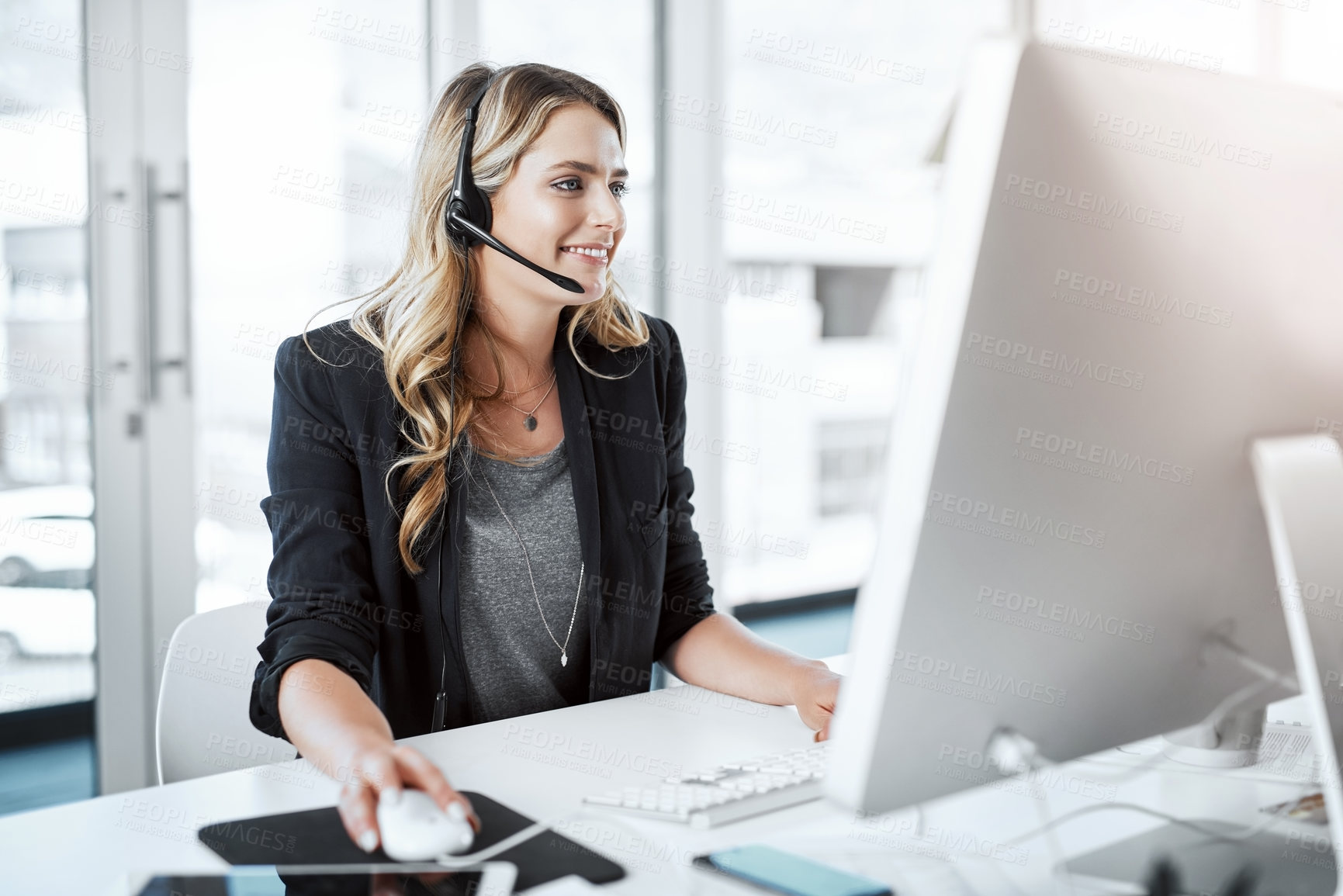 Buy stock photo Computer, personal assistant and female receptionist in the office while working on communication. Call center, telemarketing and woman planning a crm strategy with a desktop and headset in workplace
