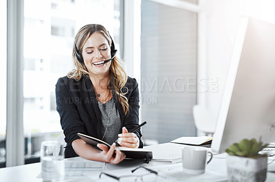 Buy stock photo Planning, secretary and female receptionist in office while working on customer support communication. Call center, telemarketing and happy woman agent with crm strategy with desktop in the workplace