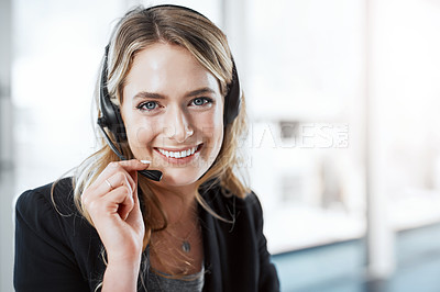 Buy stock photo Woman with headset, callcenter and smile in portrait, phone call with communication and CRM with mockup space. Customer service, telemarketing and female consultant on help desk and contact us
