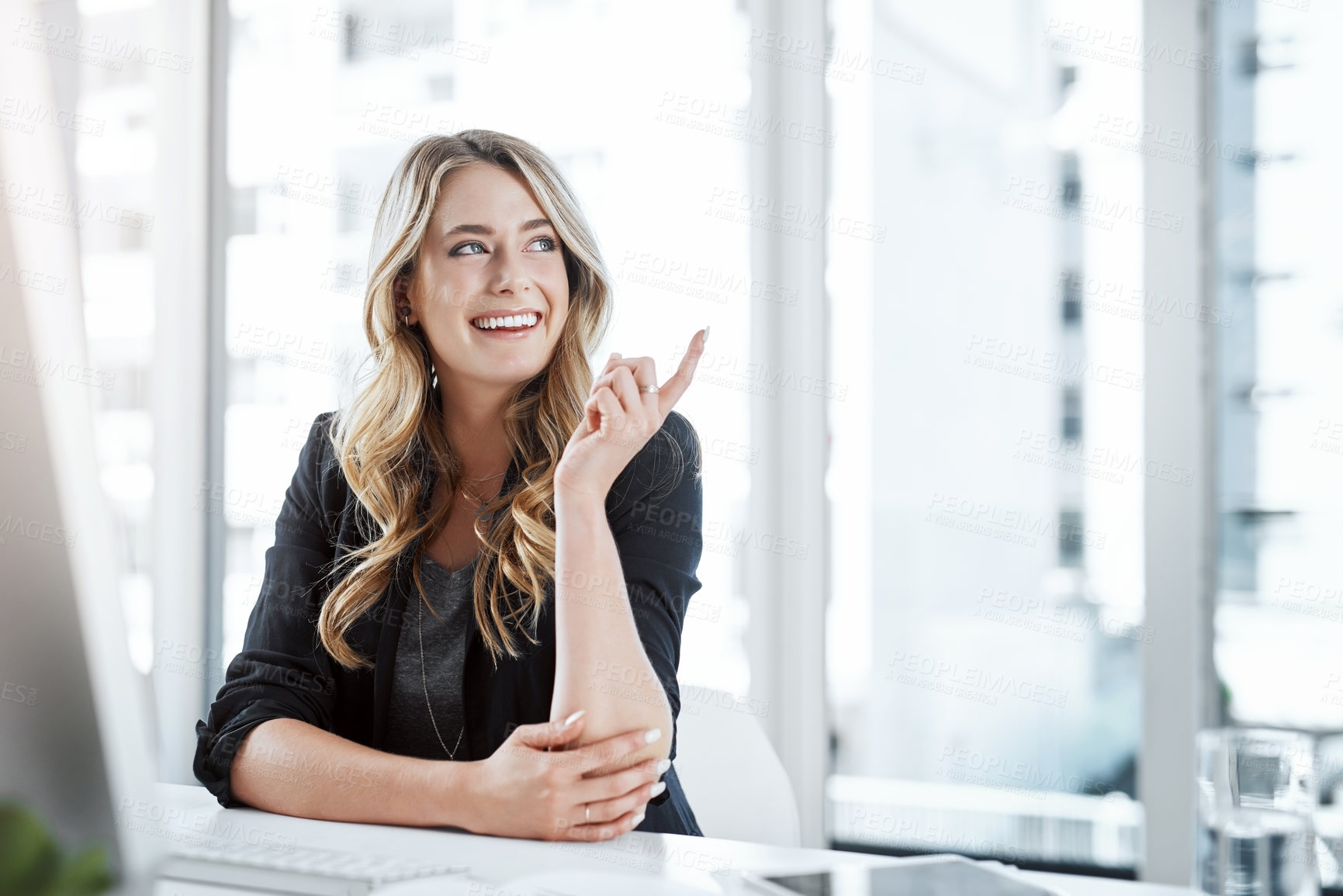 Buy stock photo Happy, pointing and woman in office, computer and research of project, idea and journalist on desk. Company, digital and reporter with keyboard for editing of story for blog, news and writing