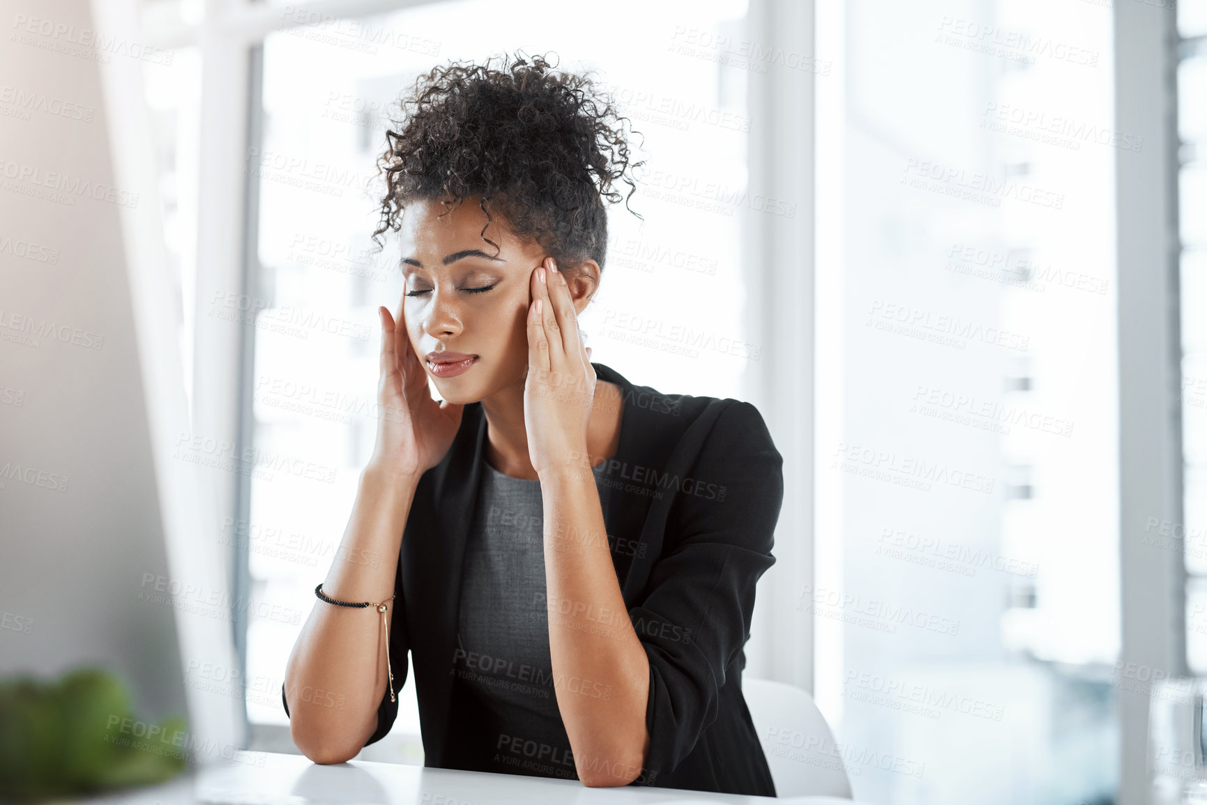 Buy stock photo Headache, overtime and woman in office, computer and stress of research, online and journalist on desk. Company, digital and reporter with burnout for editing of story for blog, news and migraine