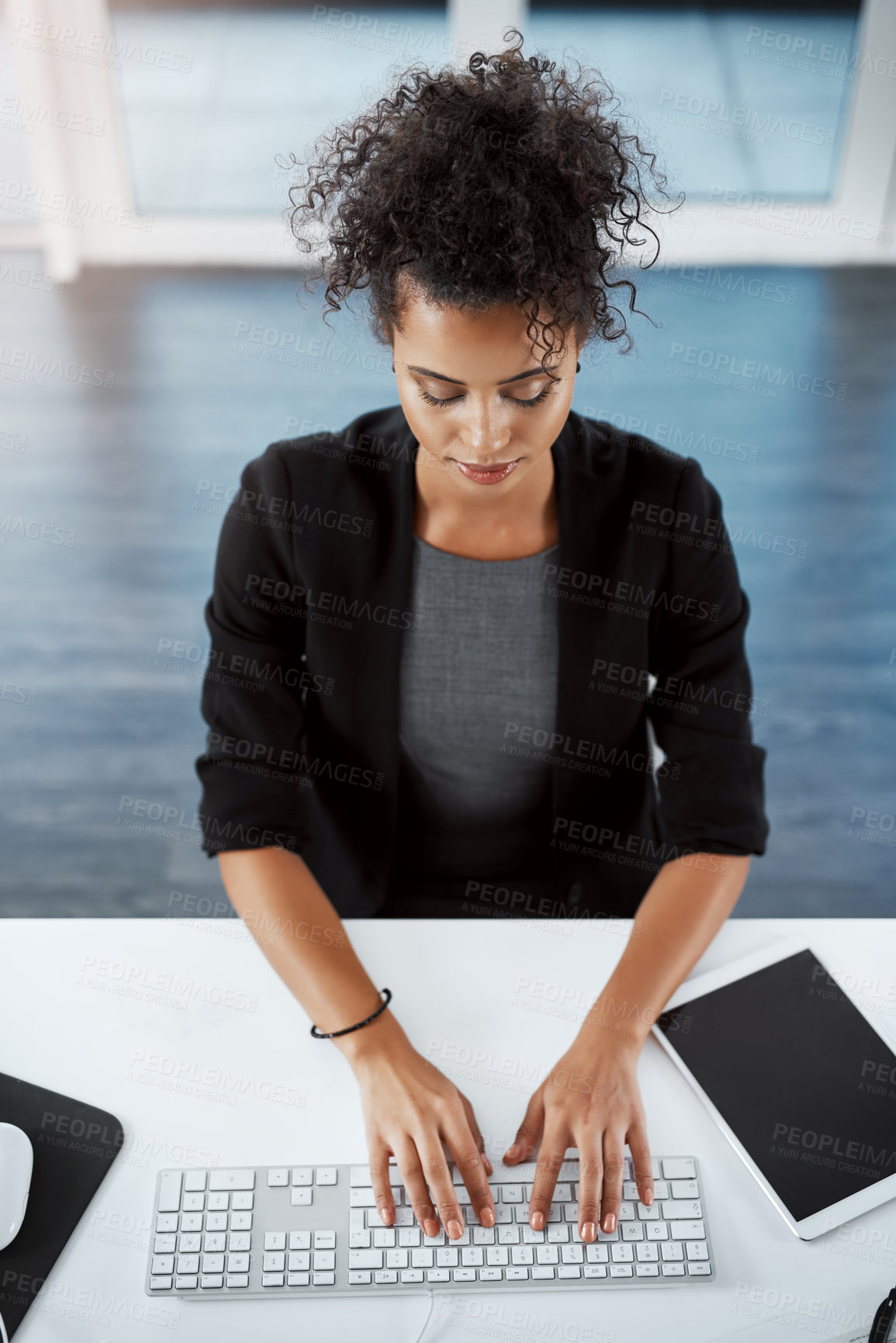 Buy stock photo Tablet, hands and top view of attorney, computer and keyboard with contract for deal agreement. Lawyer, technology and digital notes for woman, law firm and planning with website and case report