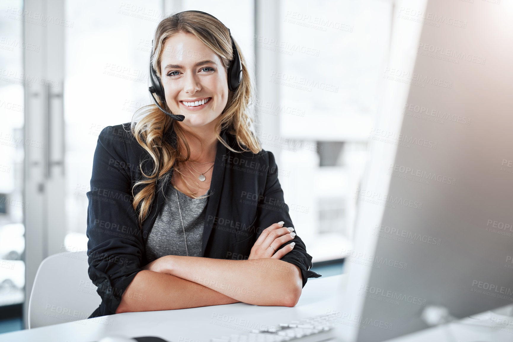 Buy stock photo Happy woman, callcenter and arms crossed in portrait, contact us with communication and CRM. Customer service, phone call and female consultant with headset and smile, help desk and tech support