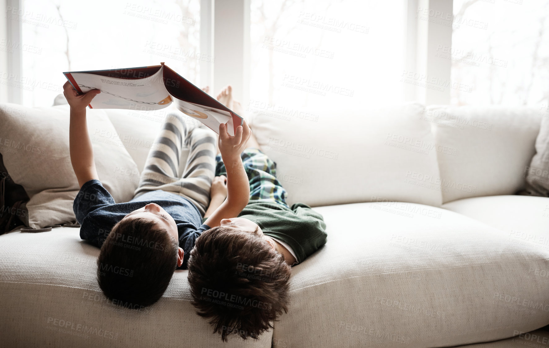 Buy stock photo Shot of two adorable brothers reading books while relaxing together on the sofa at home