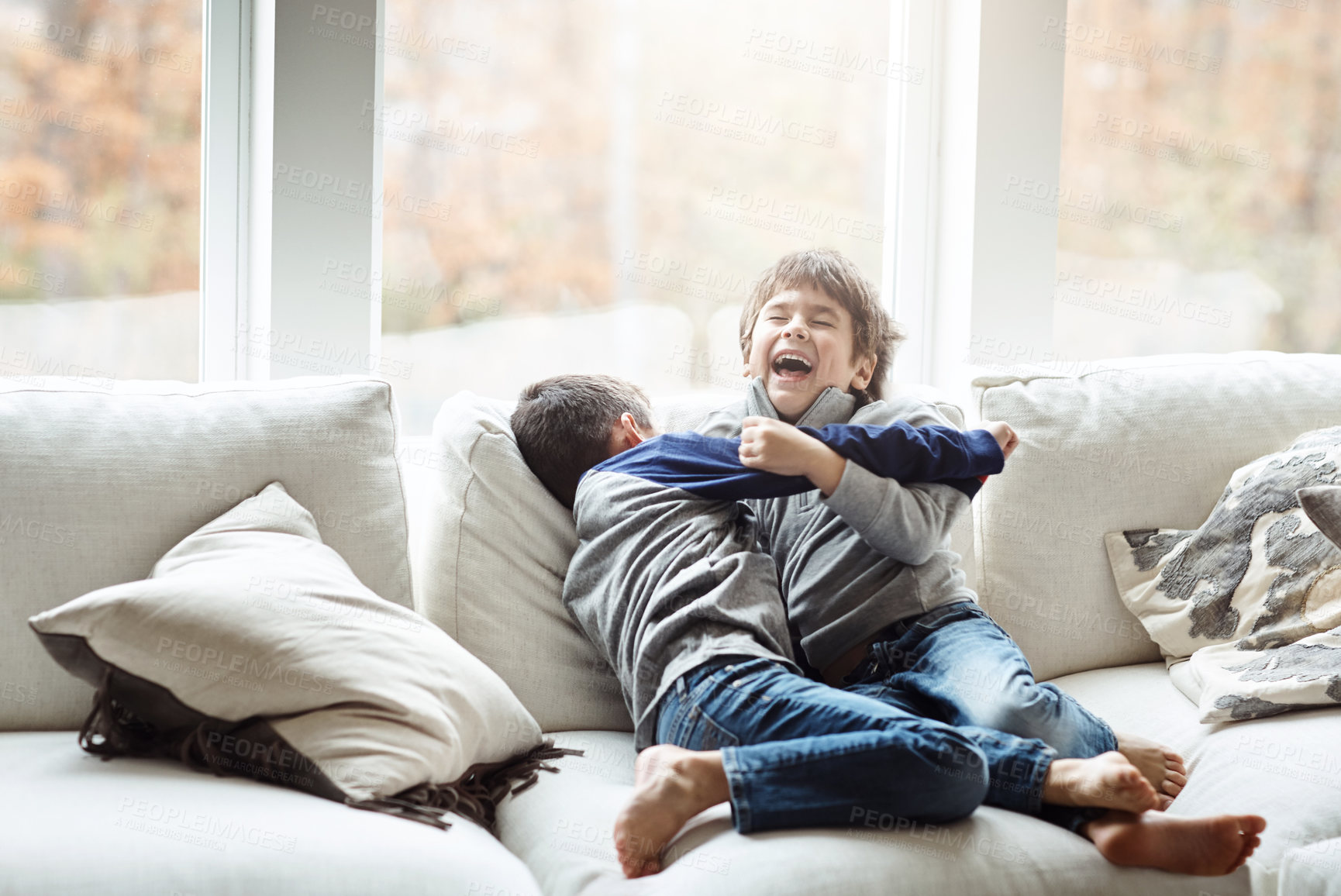 Buy stock photo Shot of two adorable brothers playing together on the sofa at home