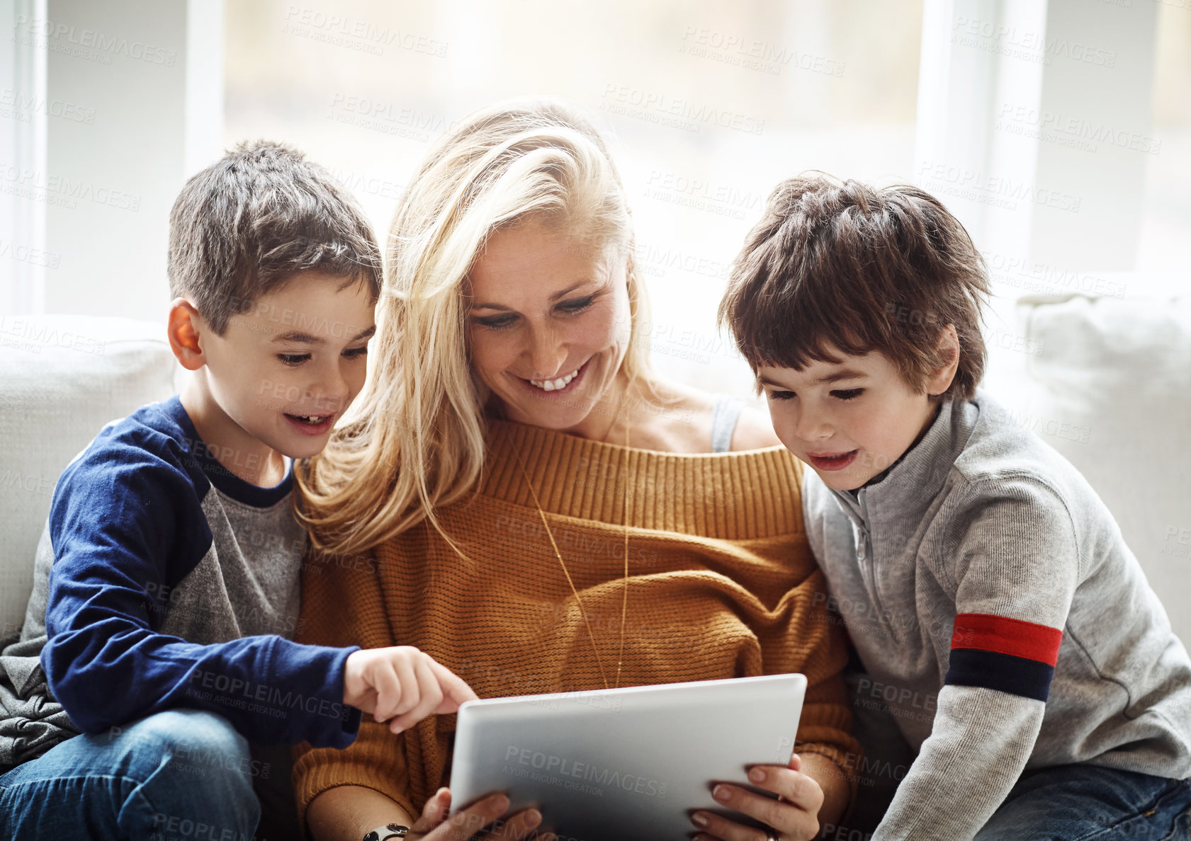 Buy stock photo Family, tablet and mother with children in living room bonding, quality time and relax on weekend. Love, family home and mom and kids with digital tech for online games, learning and social media app