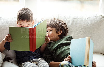 Buy stock photo Shot of two adorable brothers reading books while relaxing together on the sofa at home