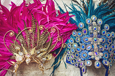 Buy stock photo Still life shot of costume headwear for samba dancers
