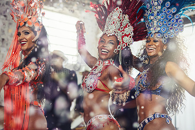 Buy stock photo Women, happy and samba costume for dance, carnival and culture with celebration, confetti and music. People, smile and traditional outfit for performance, festival and parade event in rio de janeiro